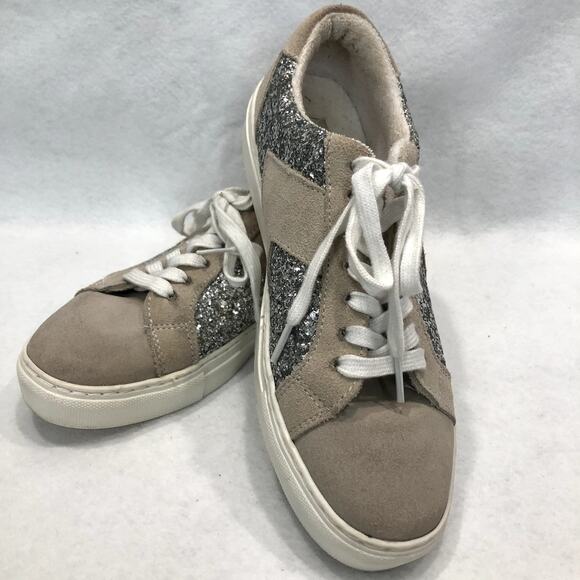 Steven NY Beige Suede w/Silver Glitter Sneakers Womens Size 9 - Picture 1 of 11
